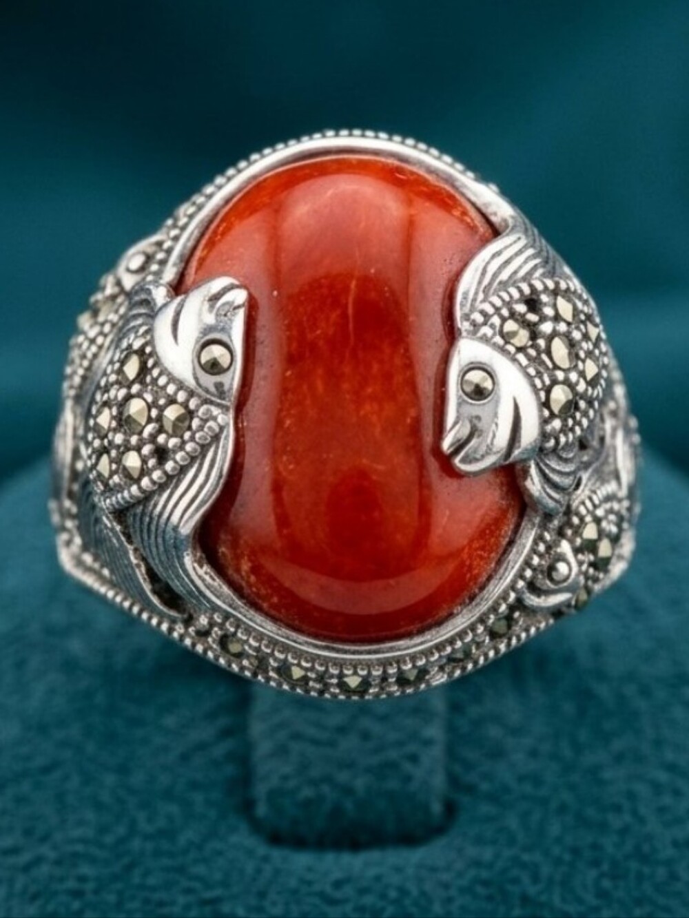 Vintage 925 Sterling Silver Marcasite Red Coral Fish Statement Ring Boho